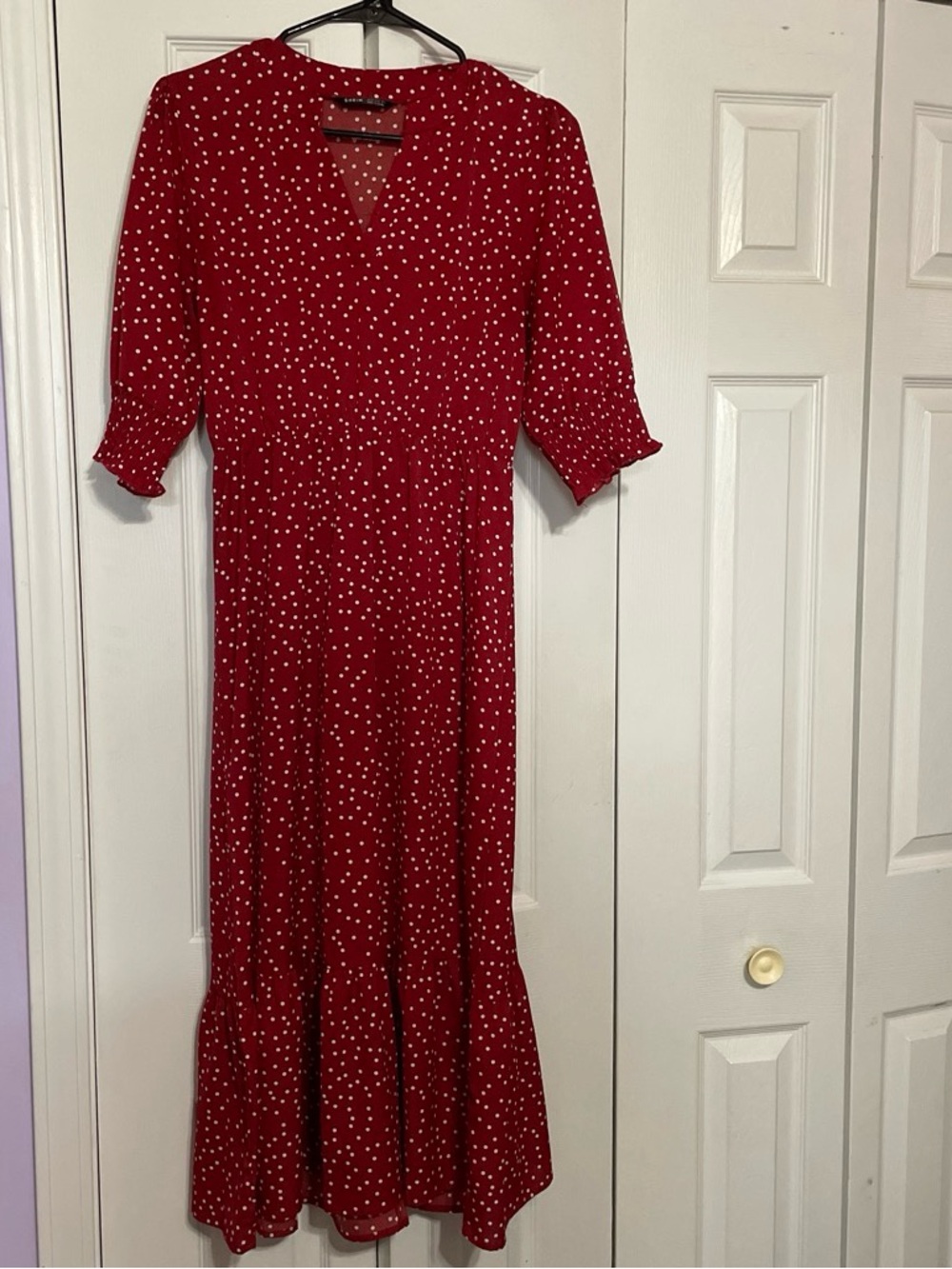 Red and white midi pull over dress. Size small.
